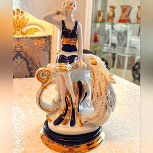 Rare Sorelle Flapper Lady w/ Peacock - Porcelain Large Figurine Cobalt & Gold